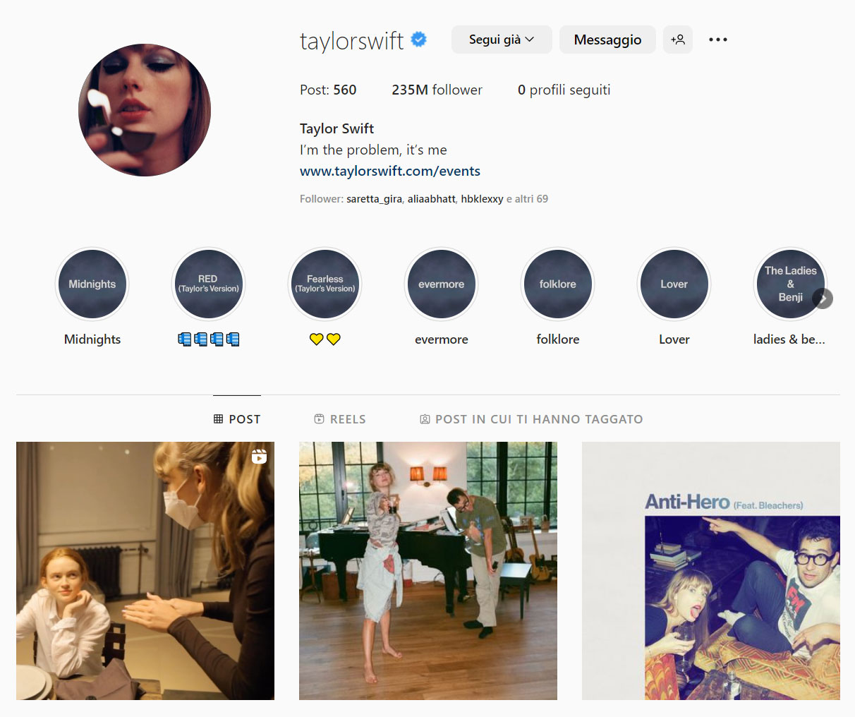 Instagram: Profilo ufficiale Taylor Swift